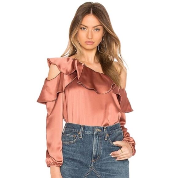 REVOLVE Krisa Asymmetrical Ruffle L/S Satin Style Blouse in Copper. Medium. NWT! - Picture 3 of 15